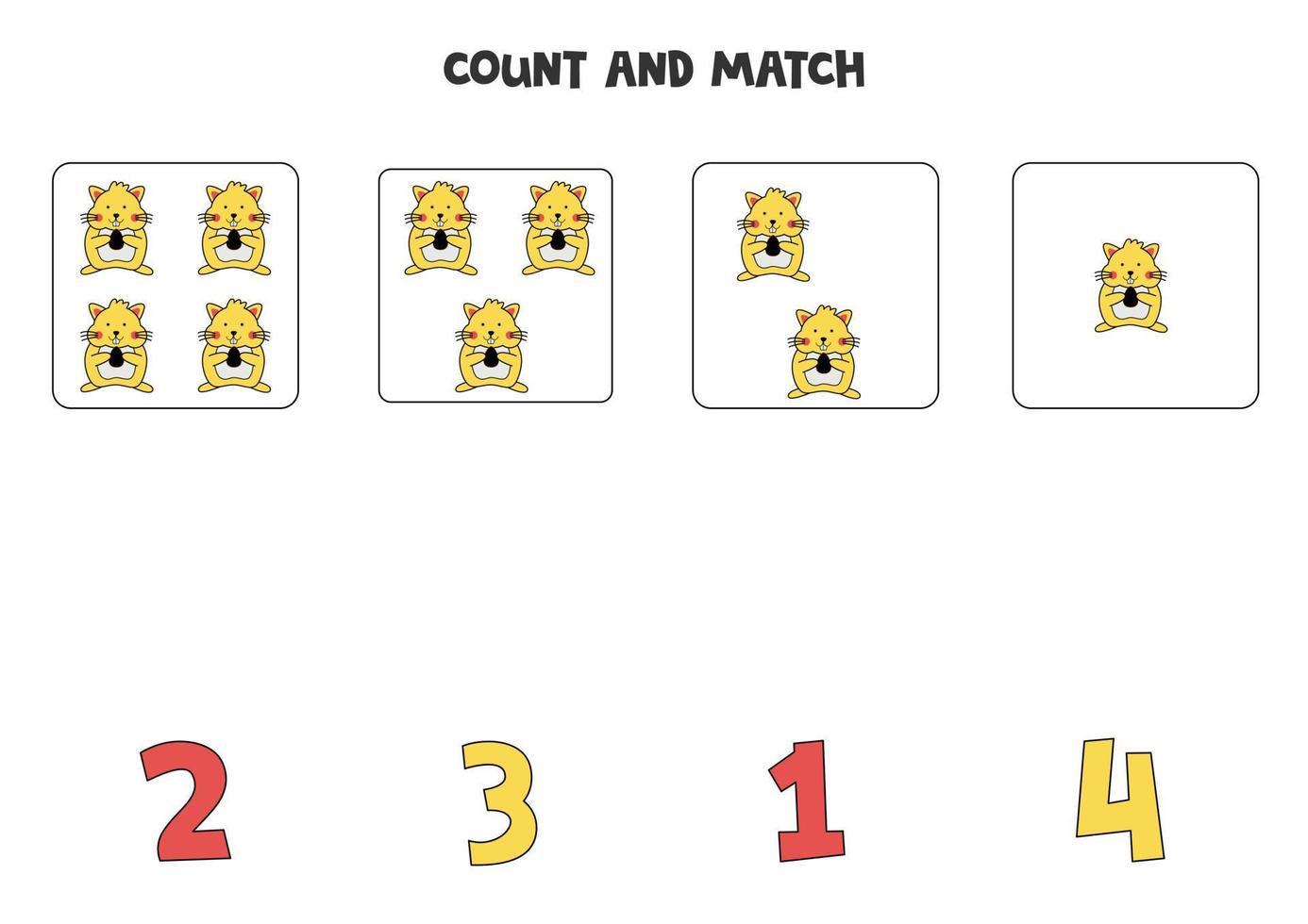 jogo de contagem para crianças. conte todos os hamsters e combine com os números. planilha para crianças. vetor