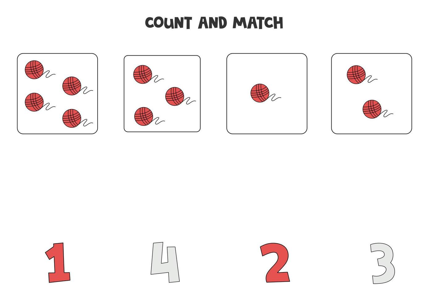 jogo de contagem para crianças. conte todos os novelos de lã e combine com os números. planilha para crianças. vetor