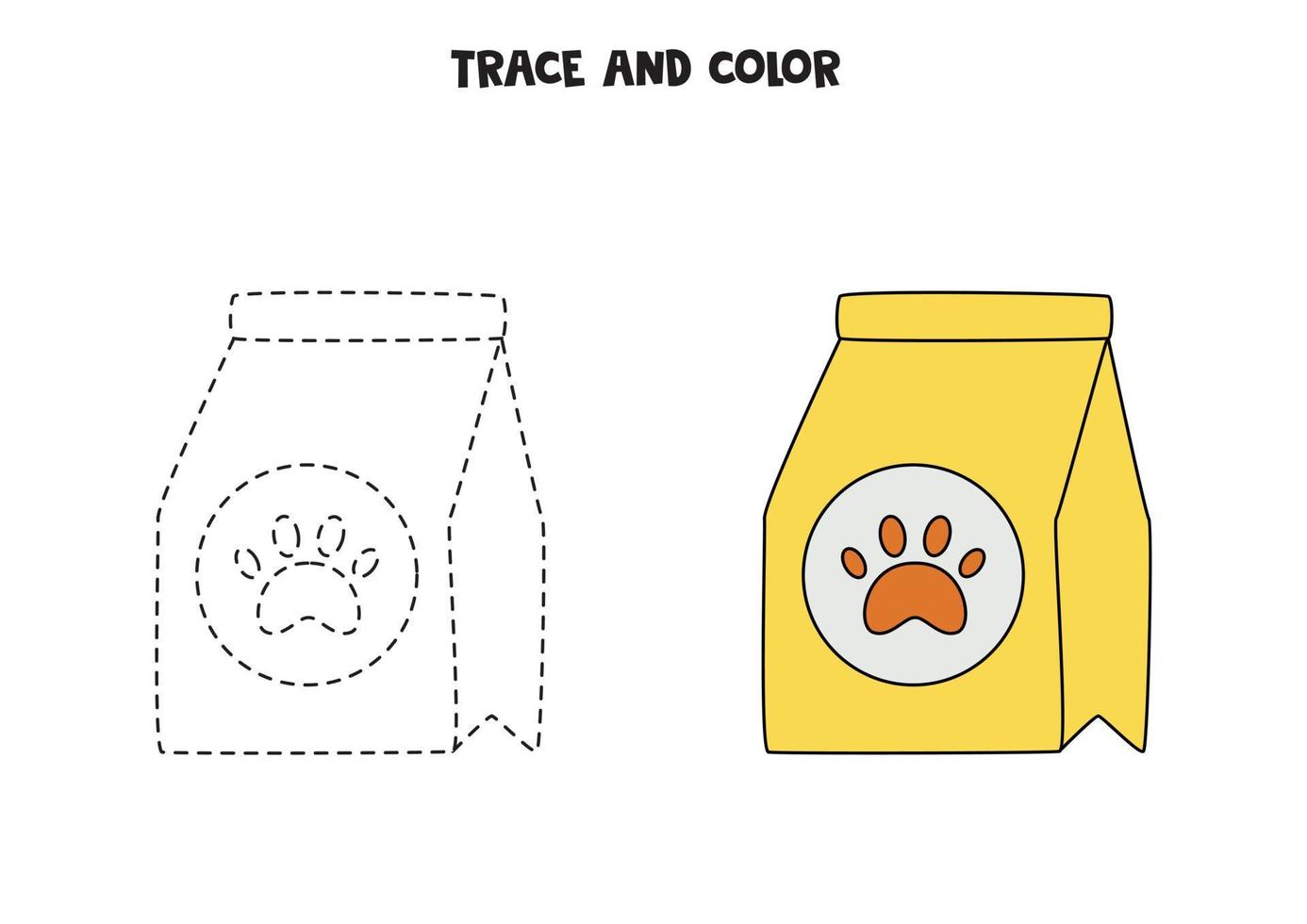 trace e colora a nutrição do cão desenhado à mão bonito. planilha para crianças. vetor