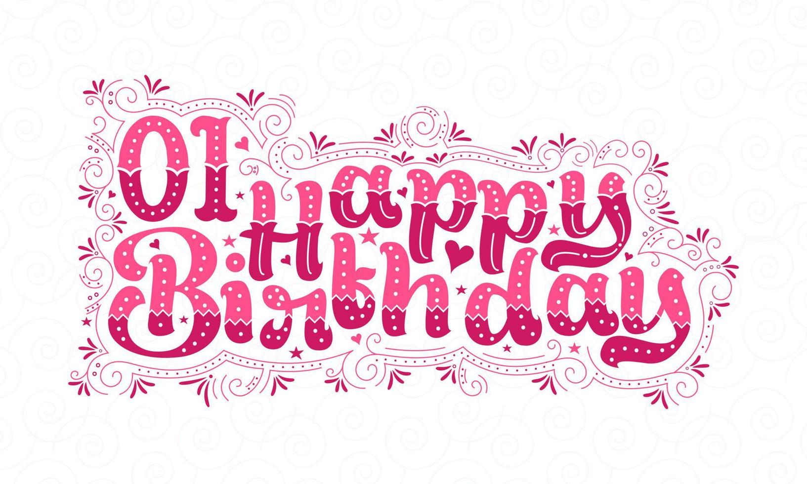 1ª letra de feliz aniversário, aniversário de 1 ano lindo design de tipografia com pontos cor-de-rosa, linhas e folhas. vetor