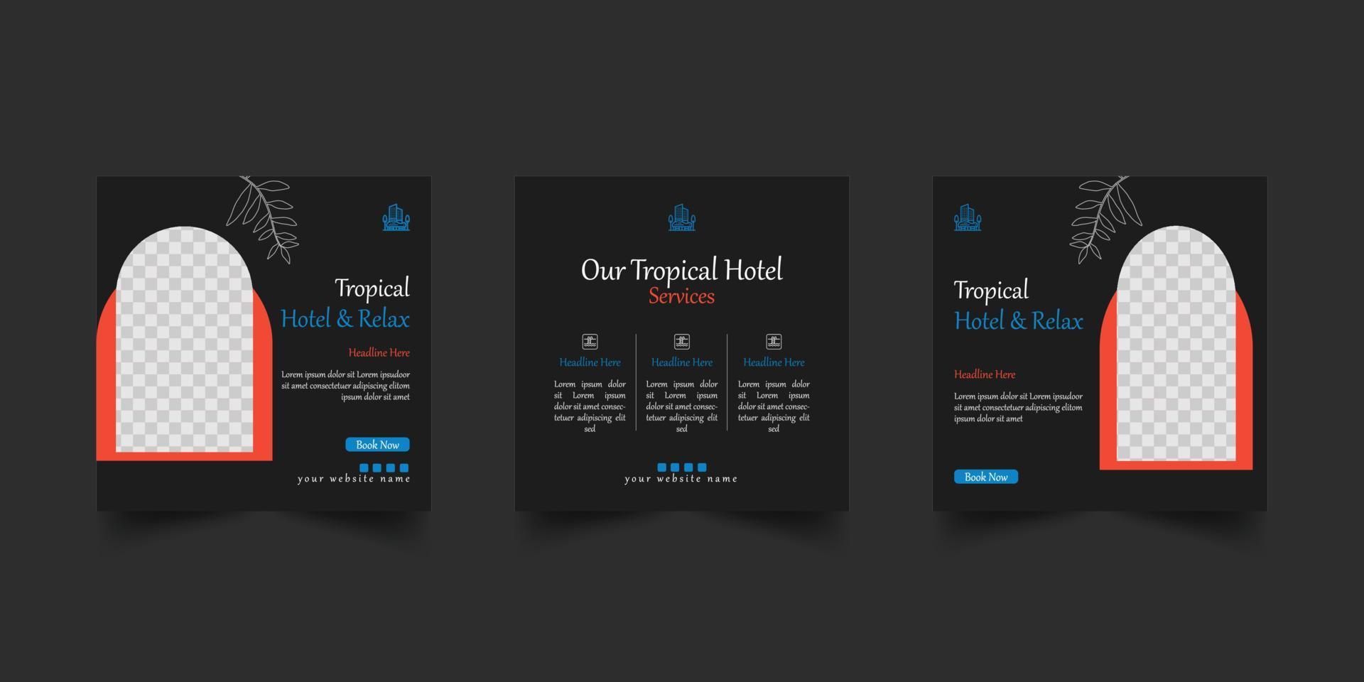 hotel tropical e relaxe o modelo de postagem de mídia social vetor