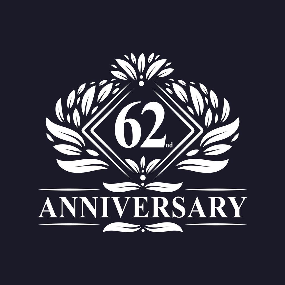 logotipo de aniversário de 62 anos, logotipo floral de 62º aniversário de luxo. vetor