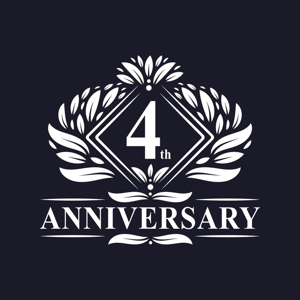 logotipo de aniversário de 4 anos, logotipo floral de 4º aniversário de luxo. vetor