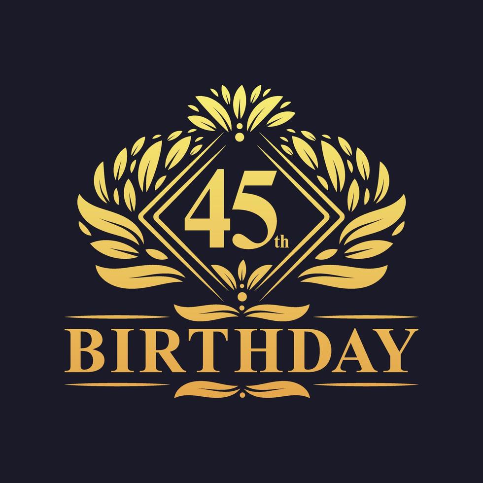 logotipo de aniversário de 45 anos, celebração de aniversário de 45 anos de luxo dourado. vetor