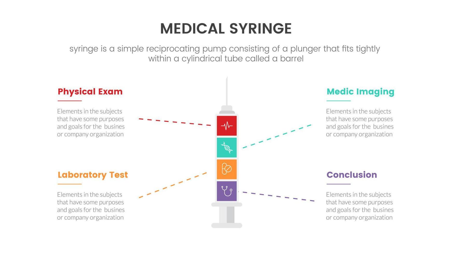 conceito de infográfico de seringa médica vertical e vinculado para apresentação de slides com comparação de lista de 3 pontos vetor