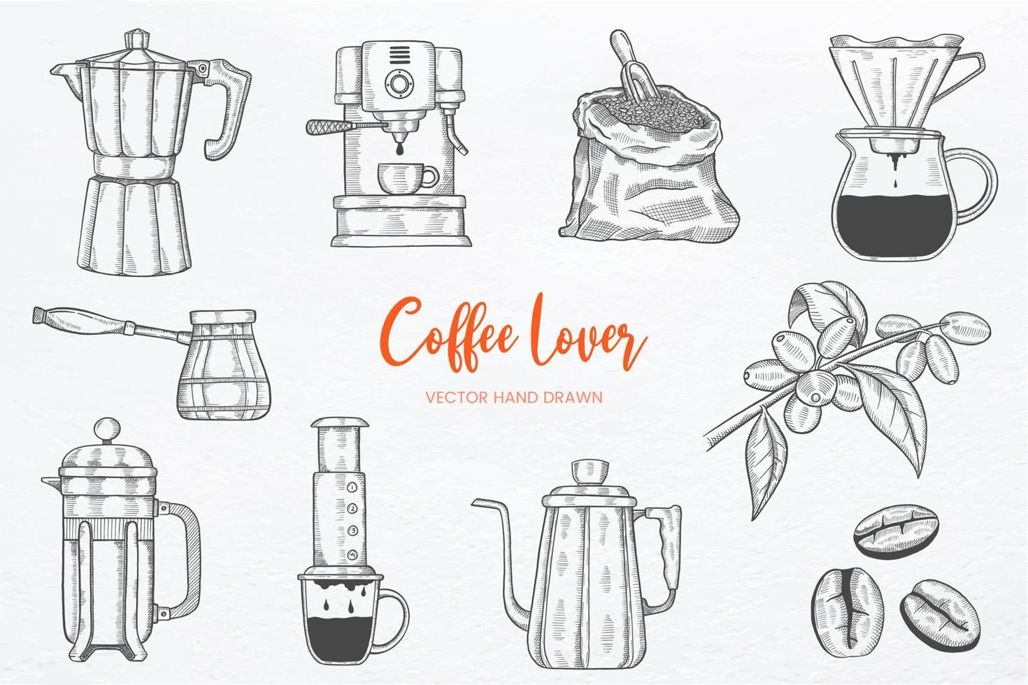 coleção de conjunto de amante de café com vetor de esboço desenhado à mão