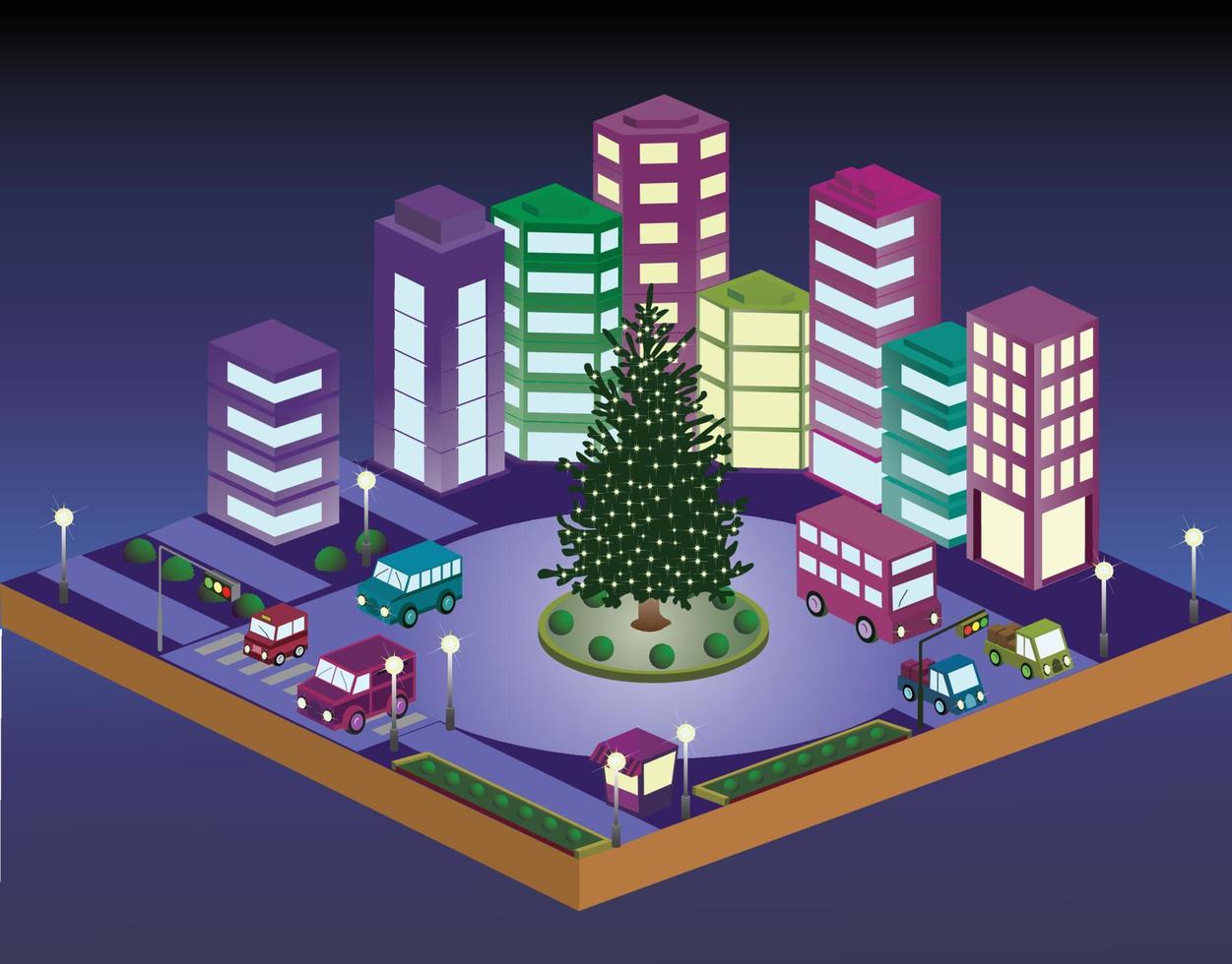 árvore de natal 3d iluminada com ilustração 3d da cidade vetor