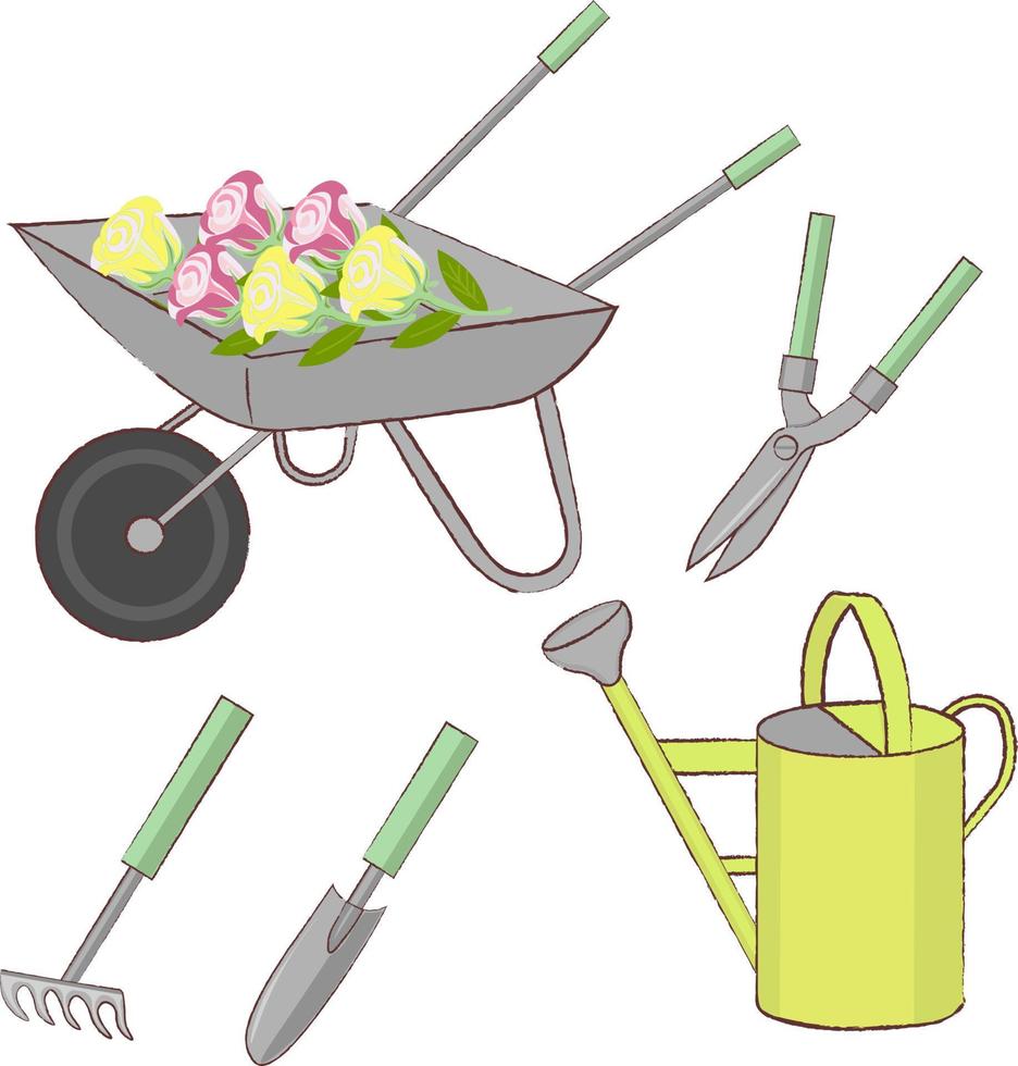 ilustração de um conjunto de várias ferramentas de jardinagem vetor