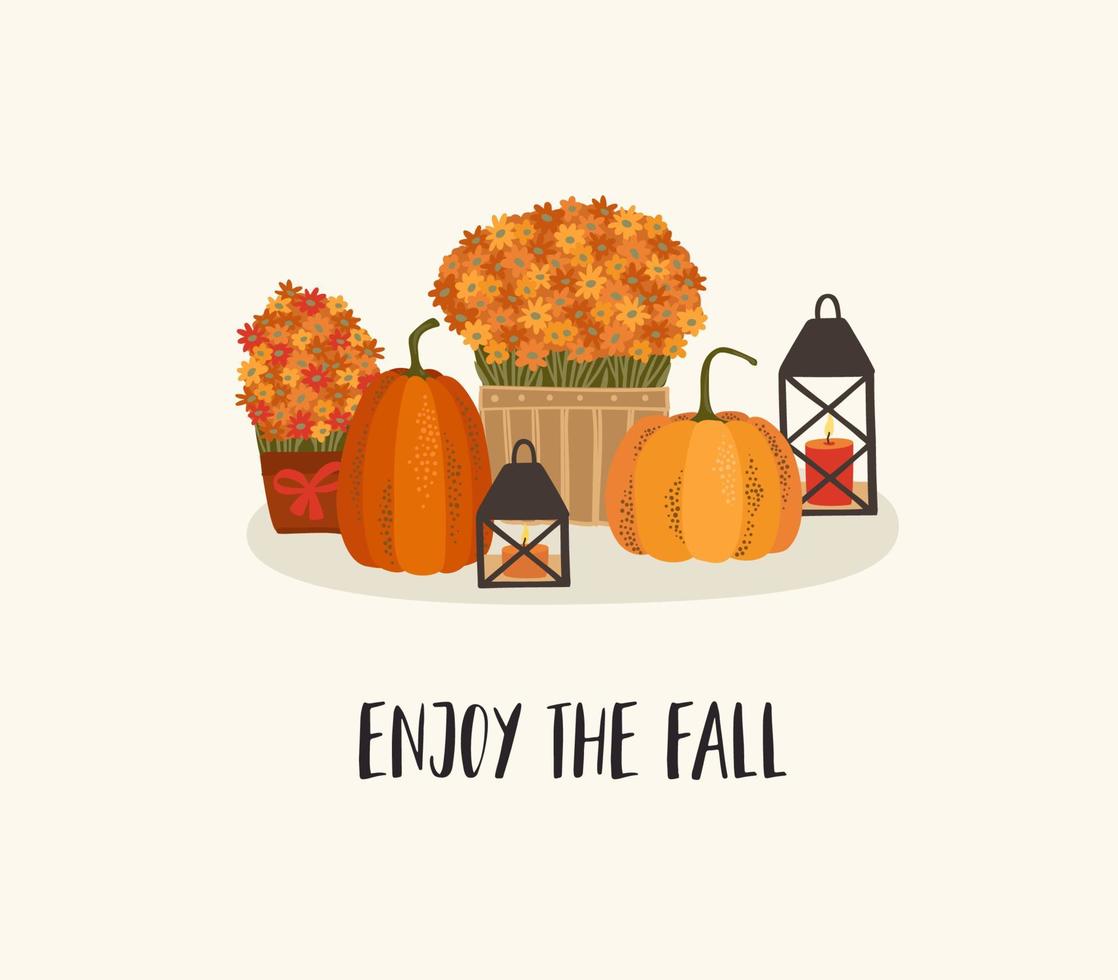 ilustração de outono. abóboras e flores. design vetorial para cartão, pôster, panfleto, web e outros usos. vetor