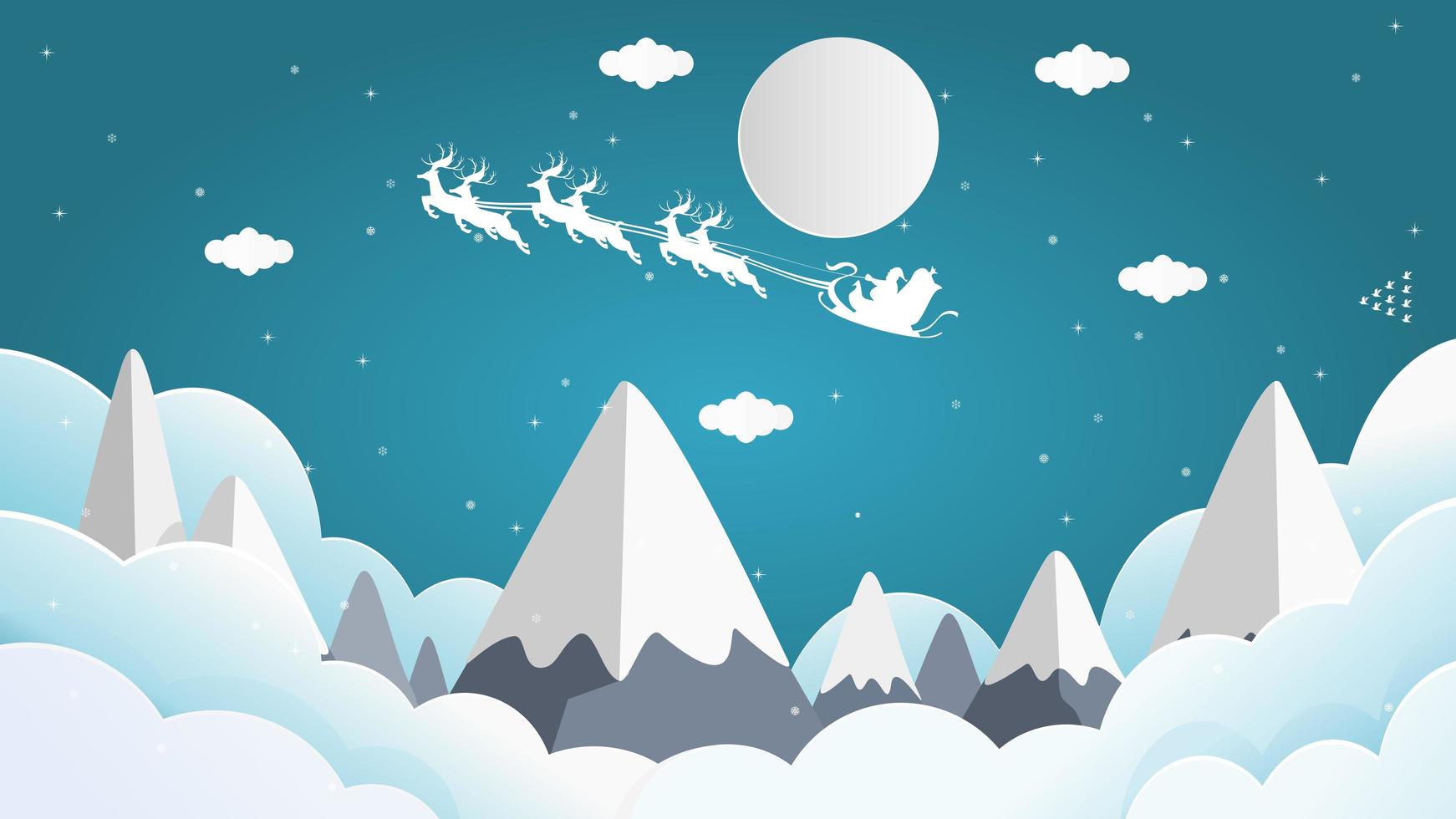 Papai Noel no trenó voando sobre os cumes da montanha vetor