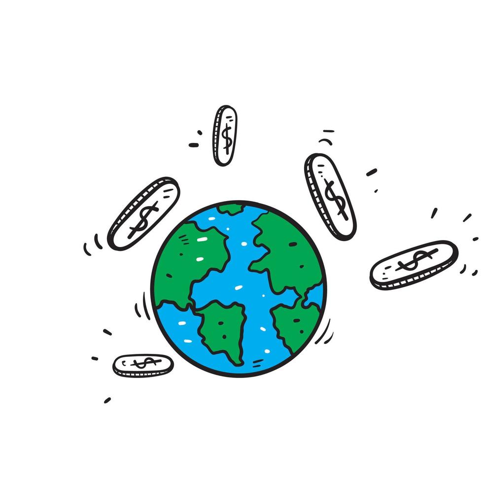 globo de terra desenhado à mão e símbolo de dinheiro para ilustração financeira global vetor isolado