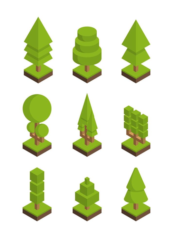 coleção de estilo isométrico de vetor de plantas e árvores