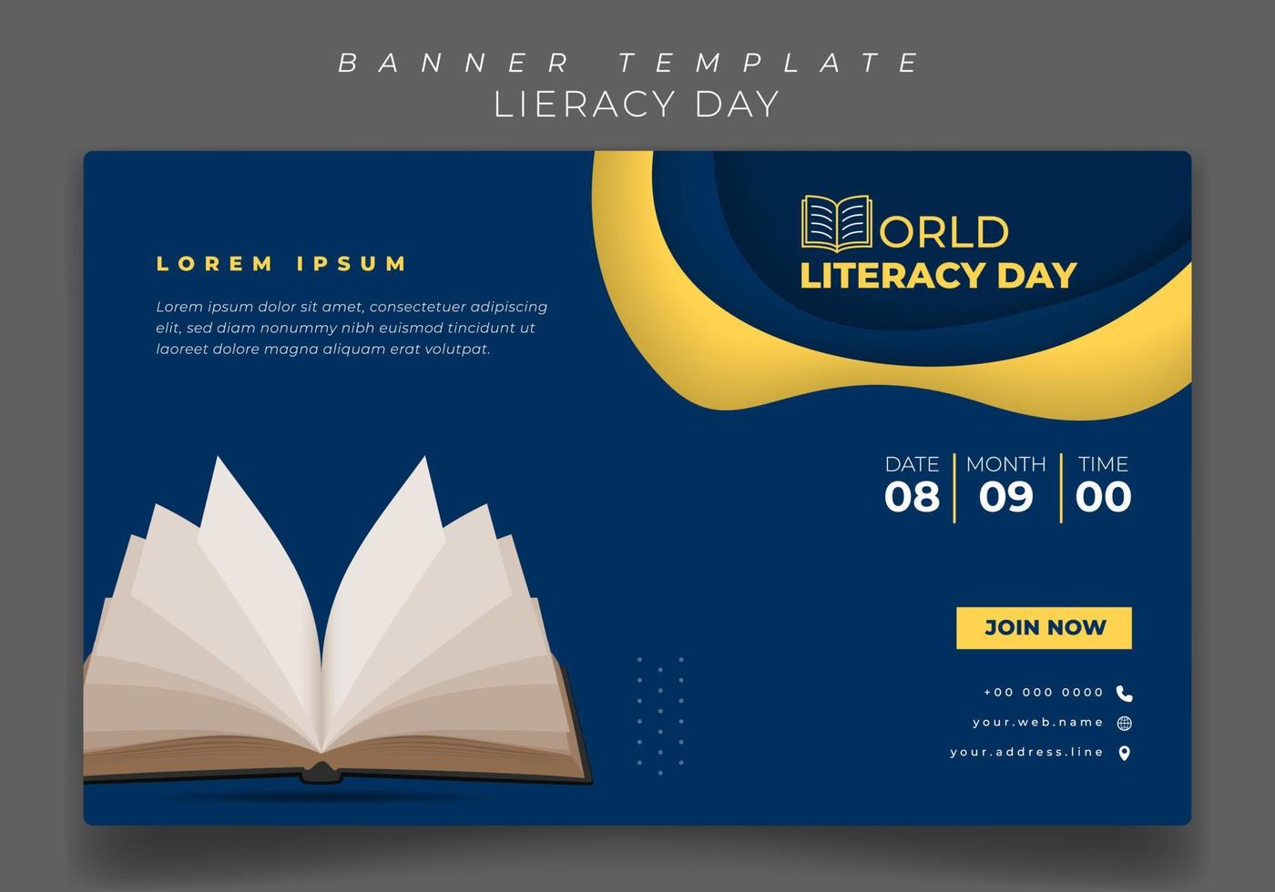 design de modelo de banner com papel simples cortado em fundo azul para design do dia da alfabetização vetor