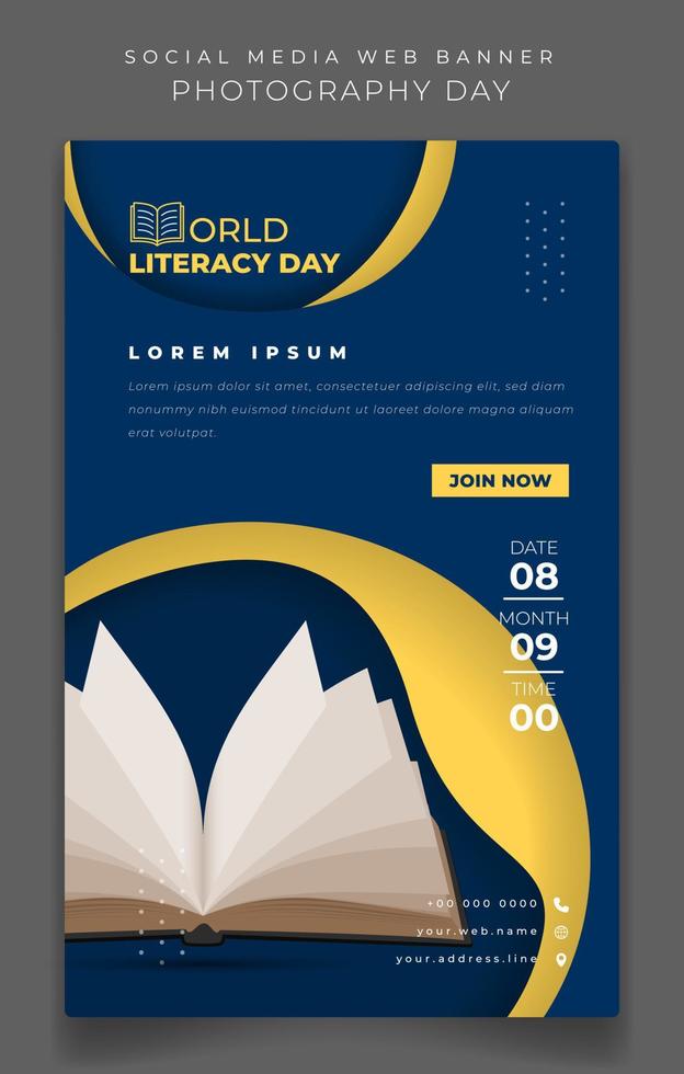 modelo de banner em fundo azul retrato com livro aberto para design do dia mundial da alfabetização vetor