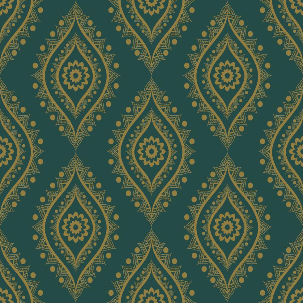 étnica indiana retrô cor verde-ouro flor forma sem costura de fundo. uso para tecido, têxtil, elementos de decoração de interiores, estofados, embrulhos. vetor