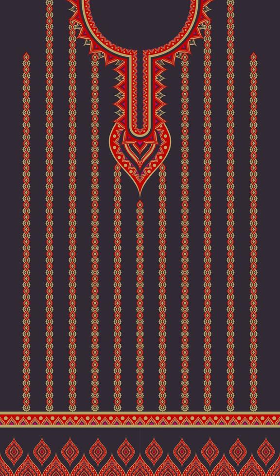 design de bordado de vestido decote étnico indiano estilo de cor vermelho-ouro em fundo preto. elegantes camisas de moda de arte tribal feminina. vetor