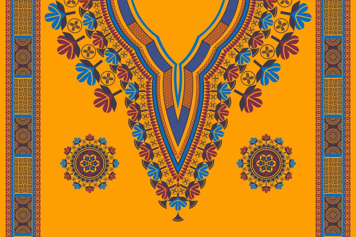 padrão de bordado de flores decote colorido dashiki africano com borda de elementos de decoração em fundo amarelo. moda de camisas de arte tribal africana. vetor