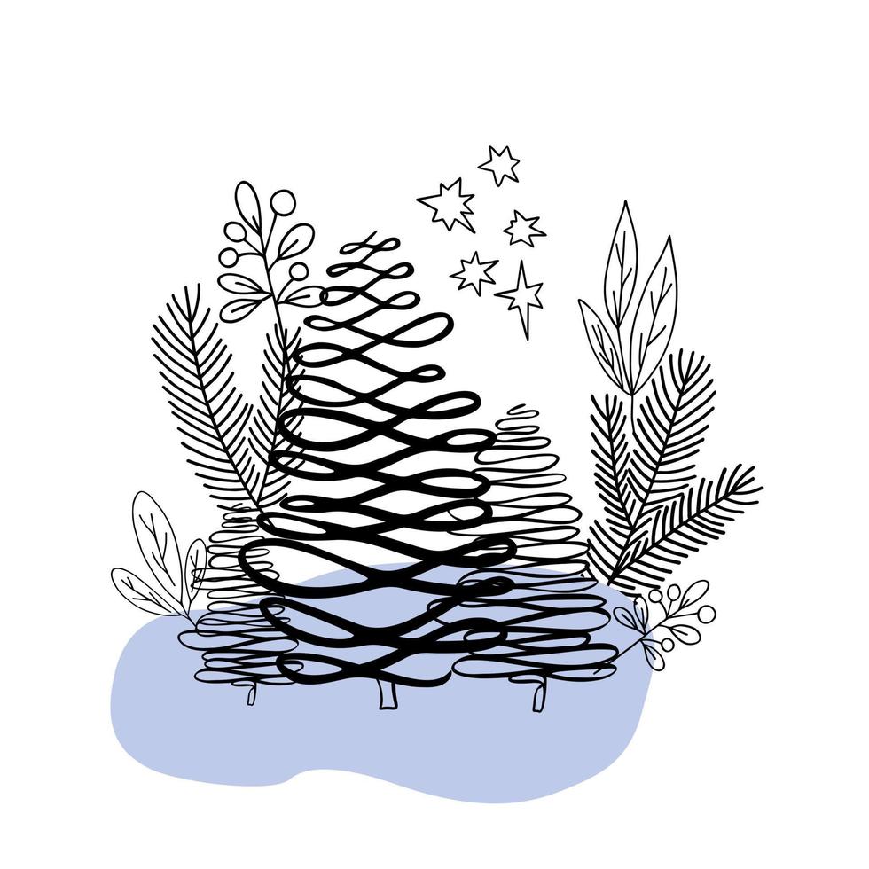 composição floral de natal com abetos e galhos de folhas em estilo simples de doodle desenhado à mão para cartões, convites, ilustração vetorial de banner vetor