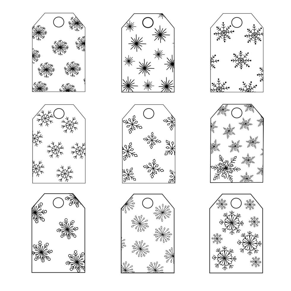 conjunto de rótulos de etiquetas de presentes de natal de flocos de neve desenhados à mão em estilo doodle de contorno simples vetor