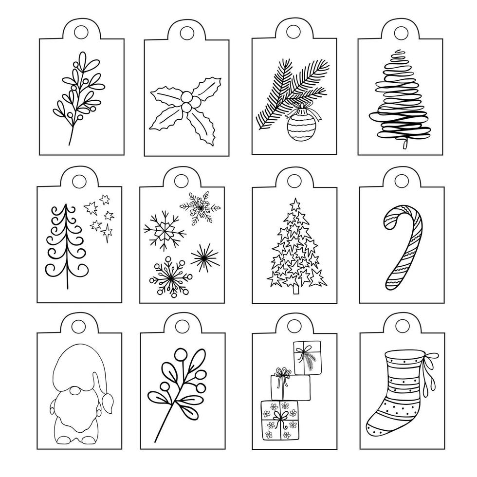 conjunto de rótulos de etiquetas de presentes de natal de elementos de férias de inverno desenhados à mão em estilo de doodle de contorno simples vetor