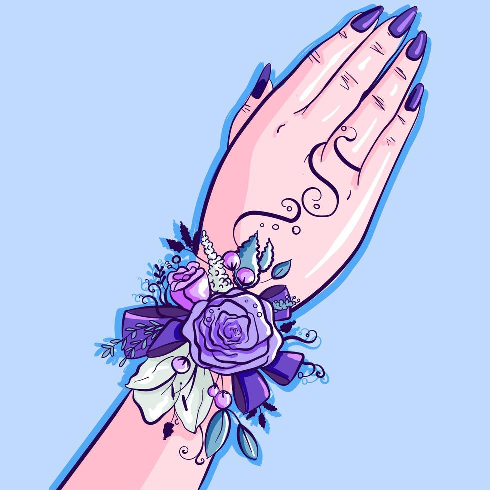 a mão de uma dama de honra com um ramalhete floral azul e violeta no pulso. arte conceitual de casamento com flores, fitas, folhas e bagas de verão. manicure com um anel único. vetor