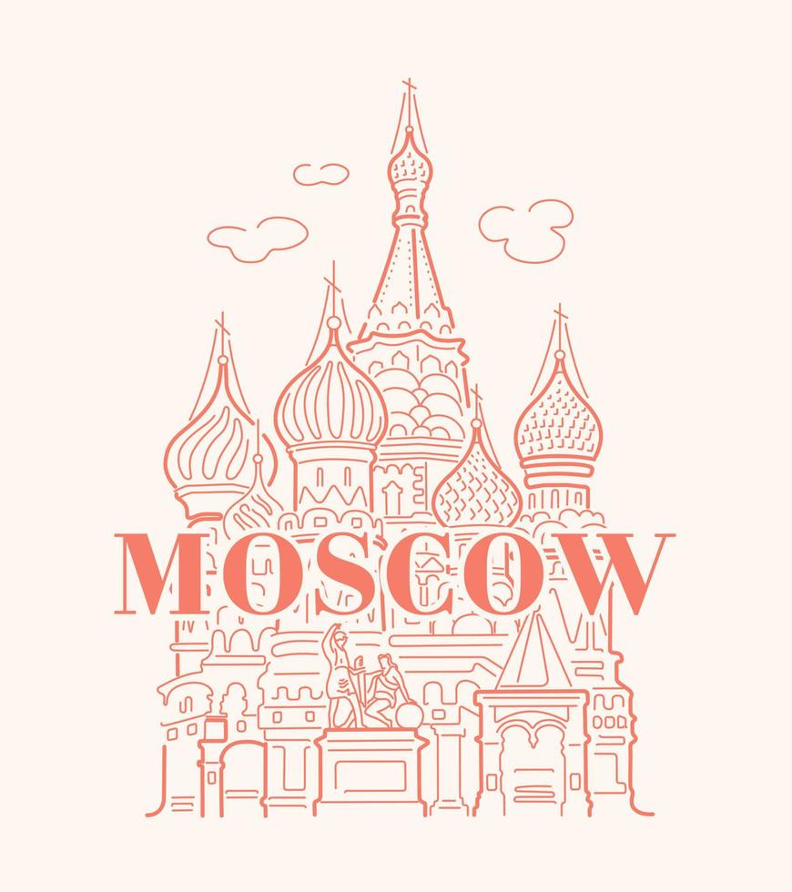 Catedral do manjericão em moscou na praça vermelha. marco da rússia. ilustração vetorial linear em um fundo bege com uma inscrição. vetor