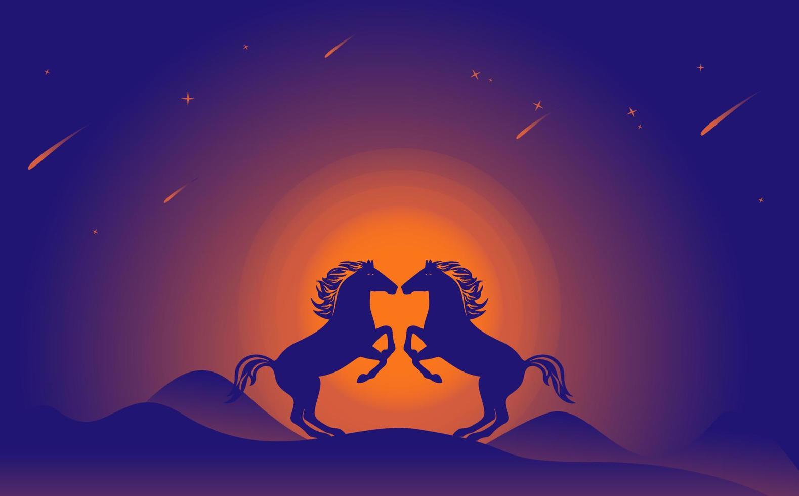 ilustração de dois cavalos em pé, lutando por força, cavalos fazendo amor, no fundo do círculo da lua e montanhas vetor