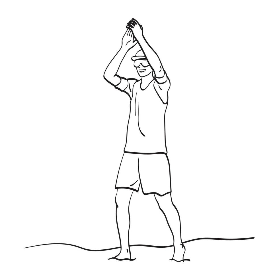 arte de linha comprimento total do jogador de vôlei de praia cagando as mãos depois de ganhar o jogo ilustração vetorial desenhado à mão isolado no fundo branco vetor