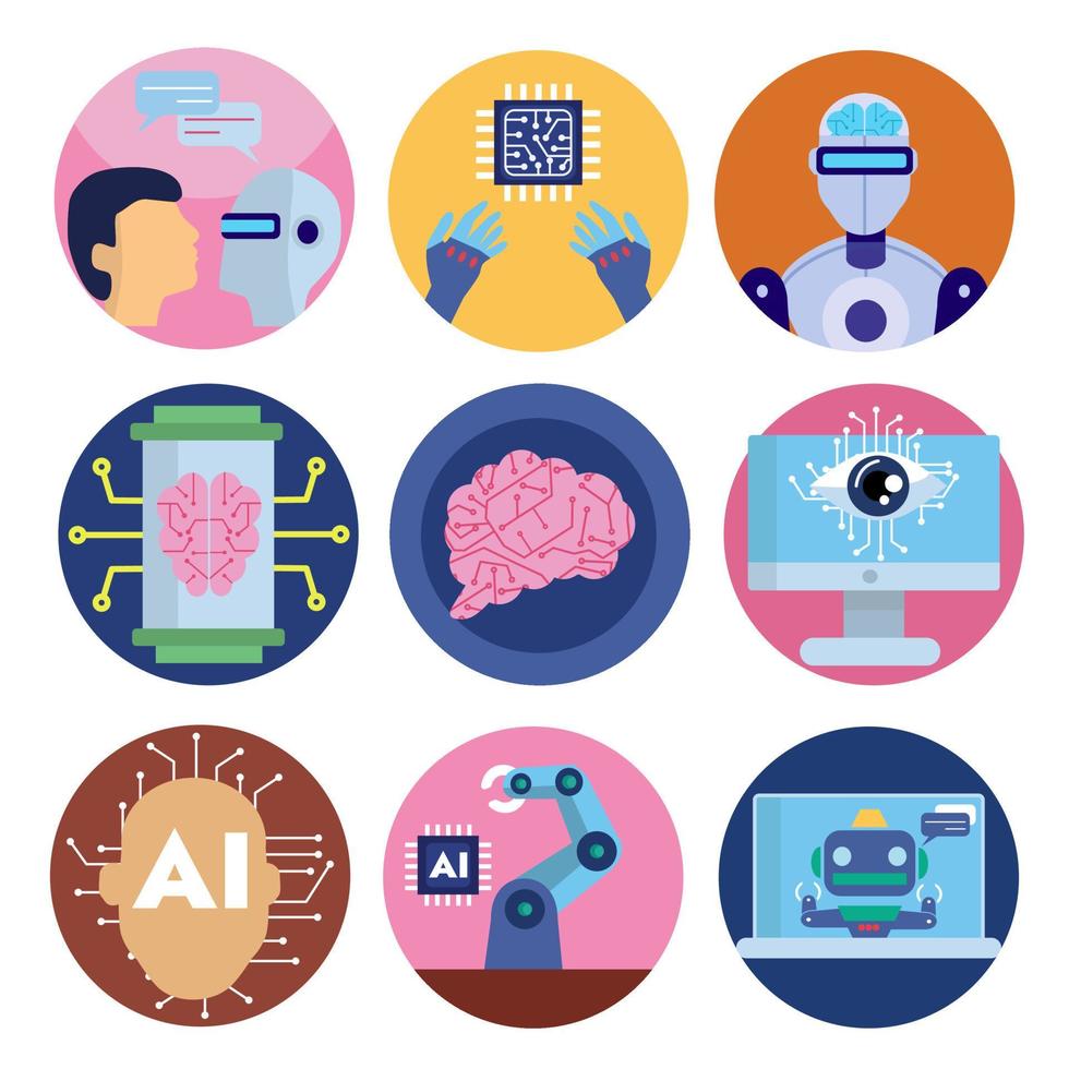 ícones coloridos de inteligência artificial e aprendizado de máquina vetor