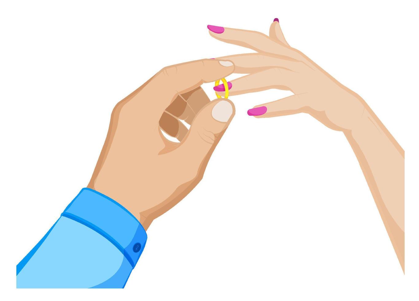 homem coloca um anel de casamento no dedo de uma mulher. casamento, família, cerimônia de casamento. vetor de desenho animado em fundo branco