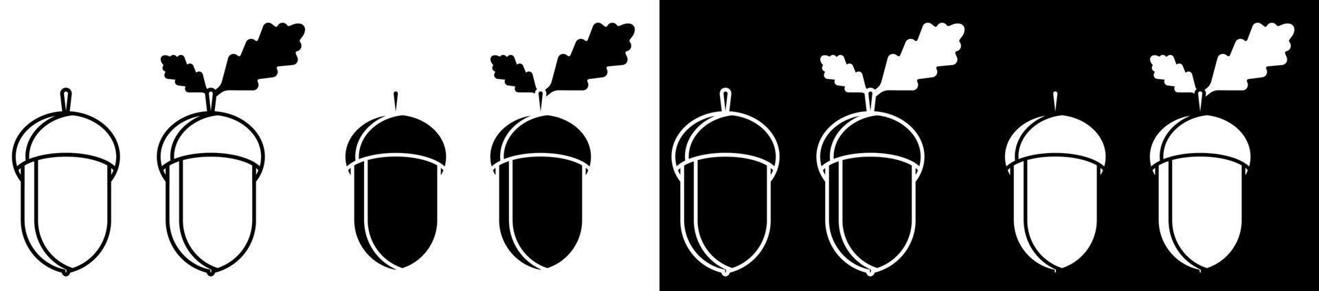 conjunto de ícones de bolota. carvalho, bosque de carvalhos. vetor preto e branco em estilo minimalista