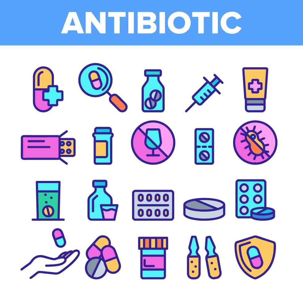 vetor de conjunto de ícones de linha fina de antibiótico de cor