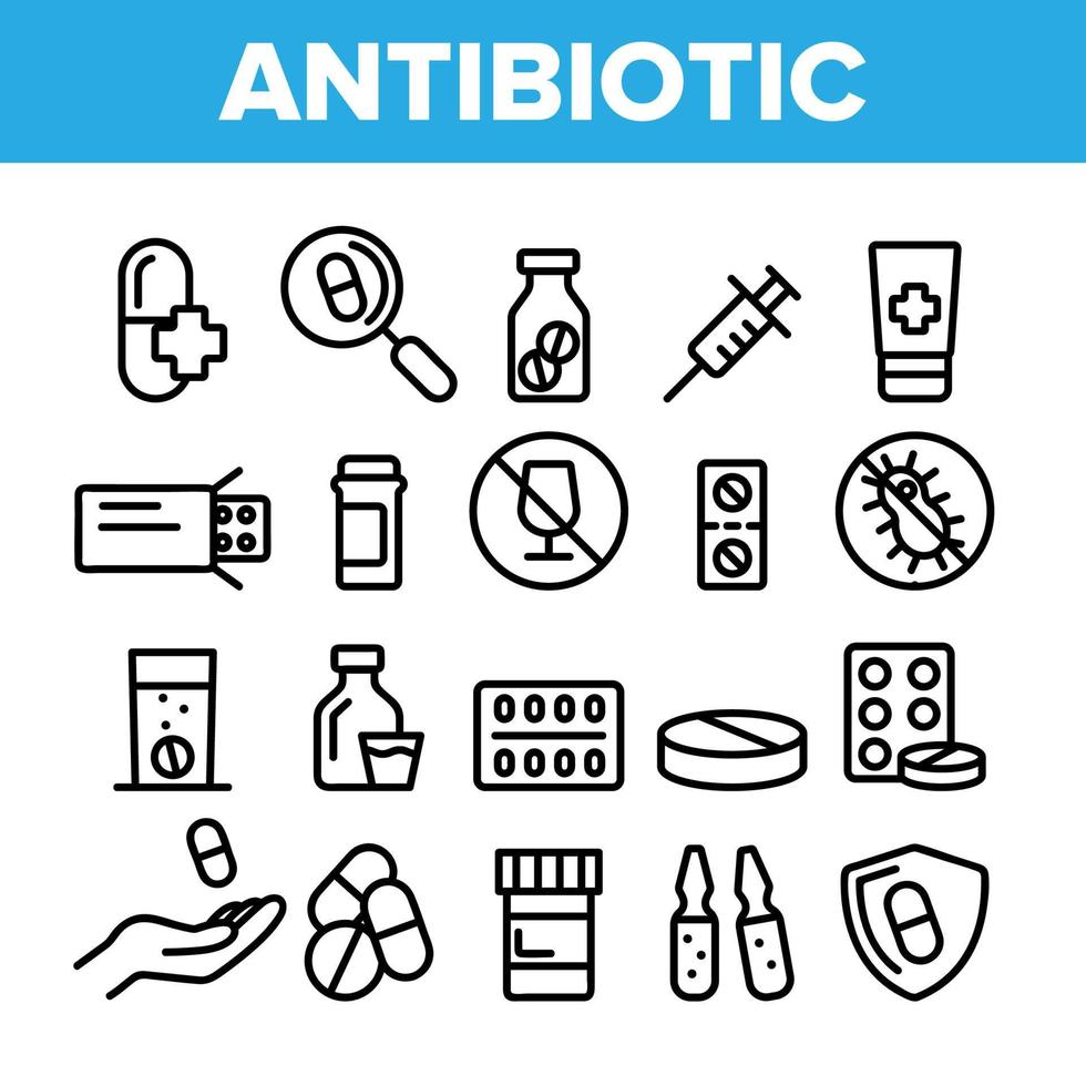 conjunto de ícones de linha fina de antibiótico de coleção vetor