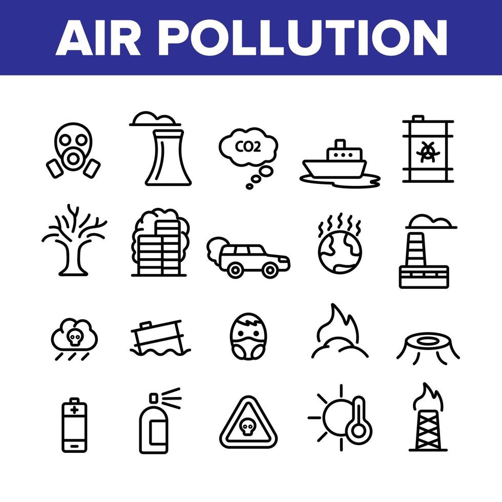 conjunto de vetores de ícones lineares de poluição do ar ambiental