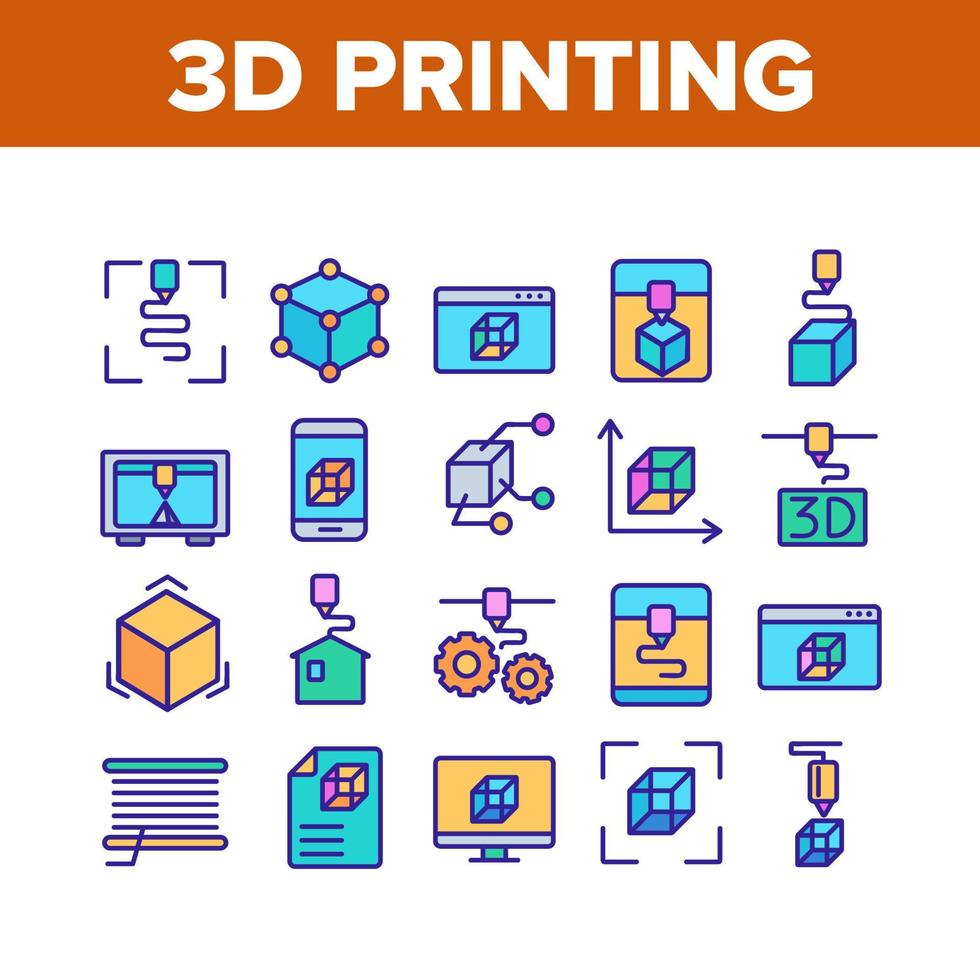 vetor de conjunto de ícones de coleção de processamento de impressão 3D