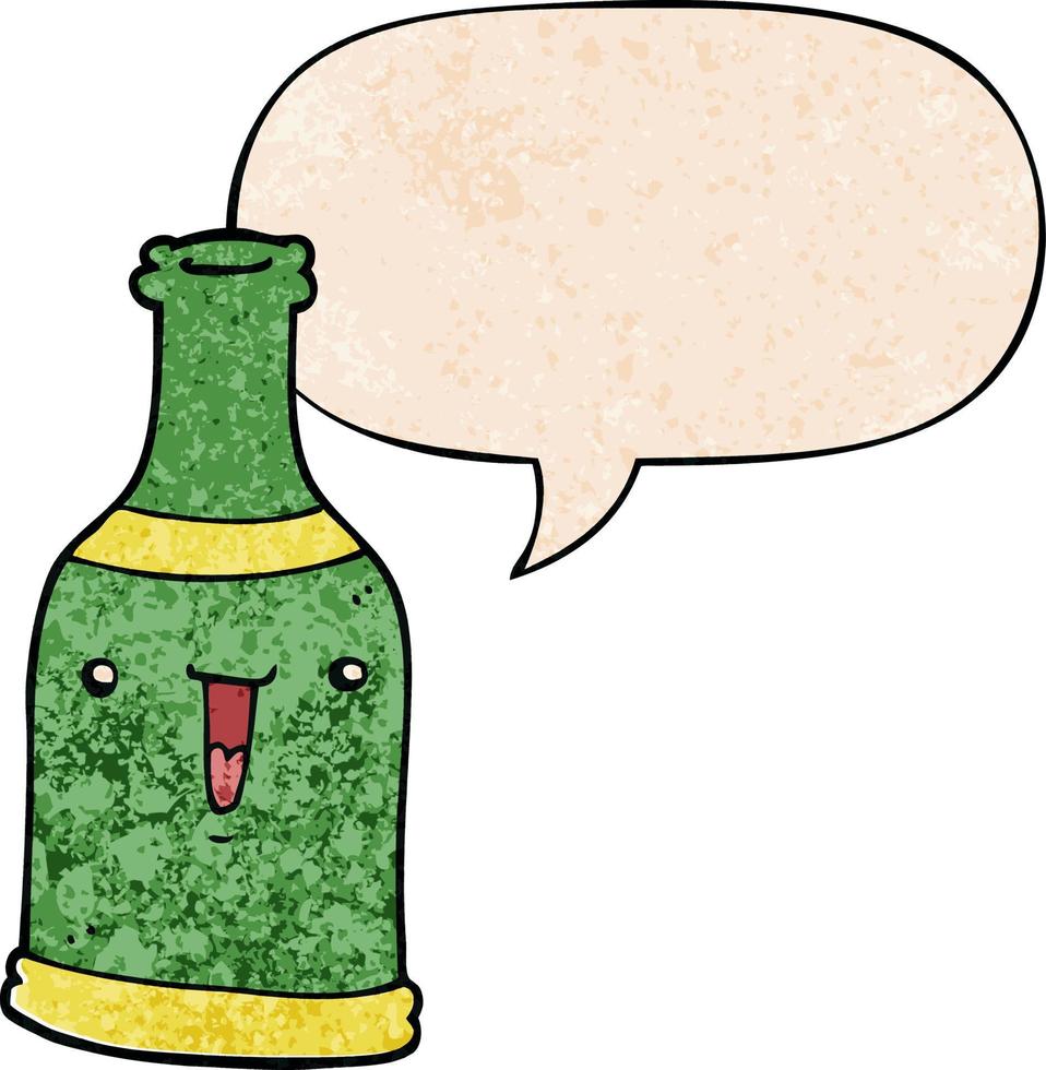 garrafa de cerveja de desenho animado e bolha de fala no estilo de textura retrô vetor