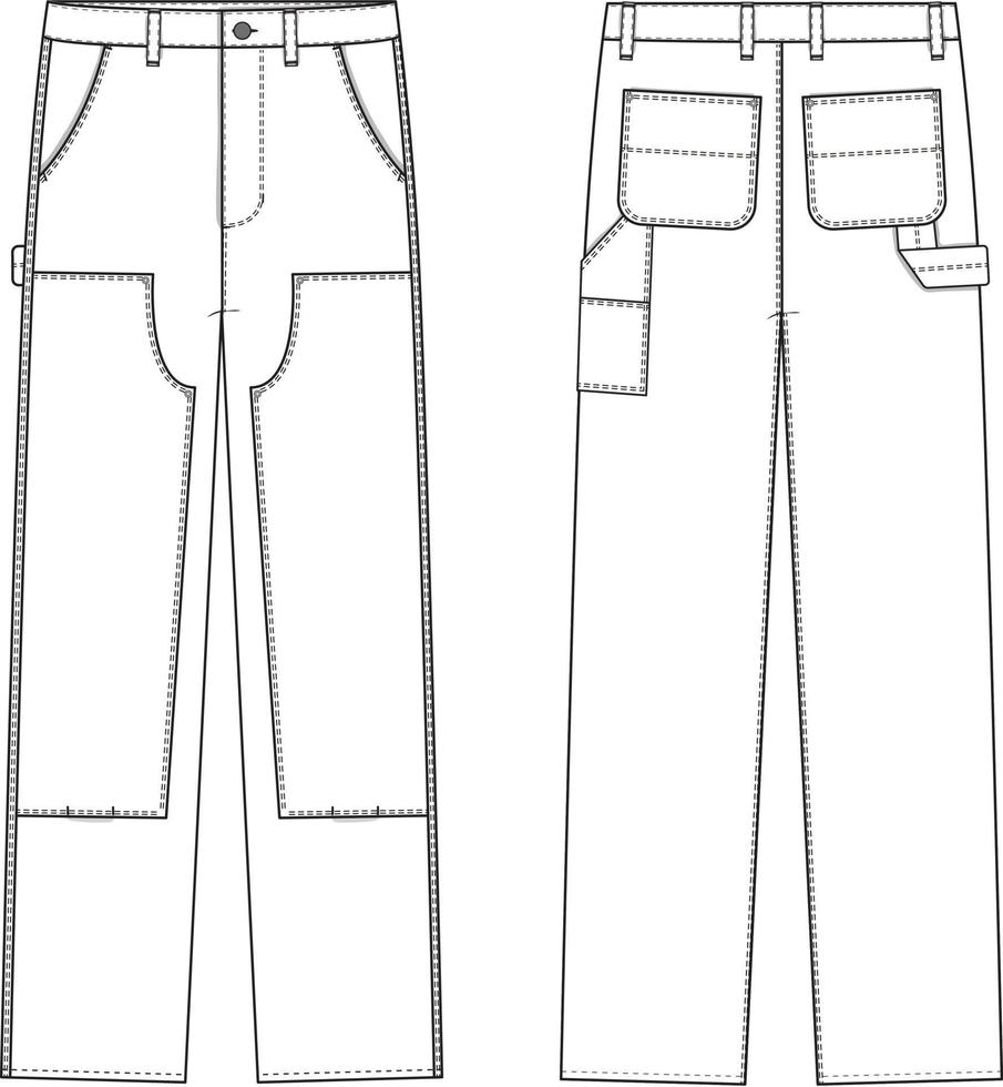 calças de carpinteiro de joelho duplo trabalham skate perna reta plana desenho técnico ilustração modelo de maquete de streetwear workwear em branco para design e pacotes de tecnologia cad. vetor