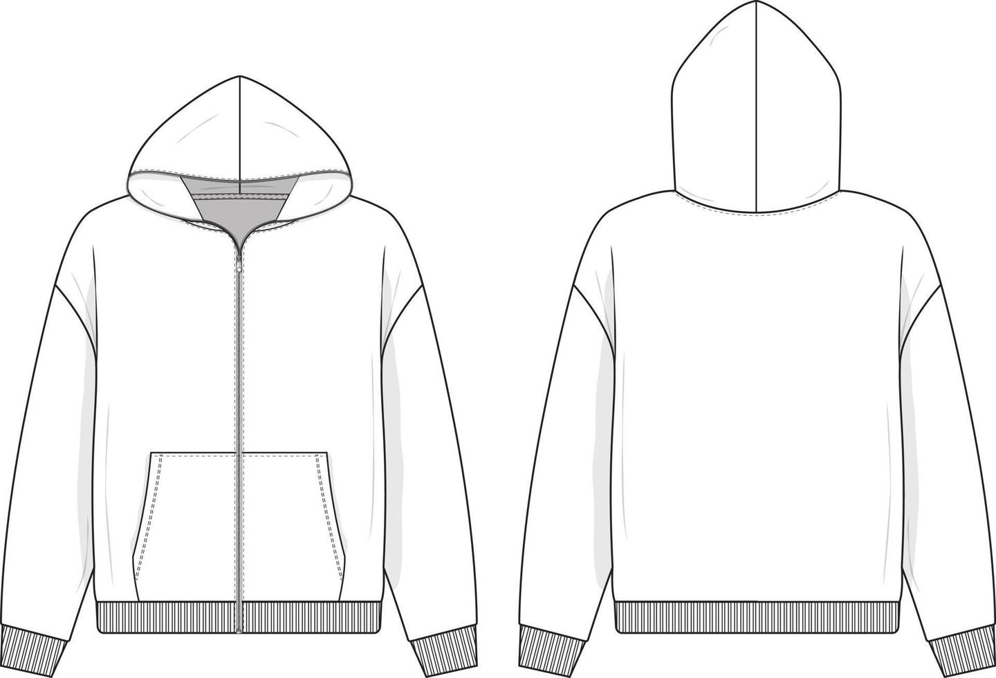 Abra o moletom com capuz com zíper completo modelo de maquete de ilustração de desenho técnico plano para pacotes de design e tecnologia homens ou moda unissex cad streetwear vetor