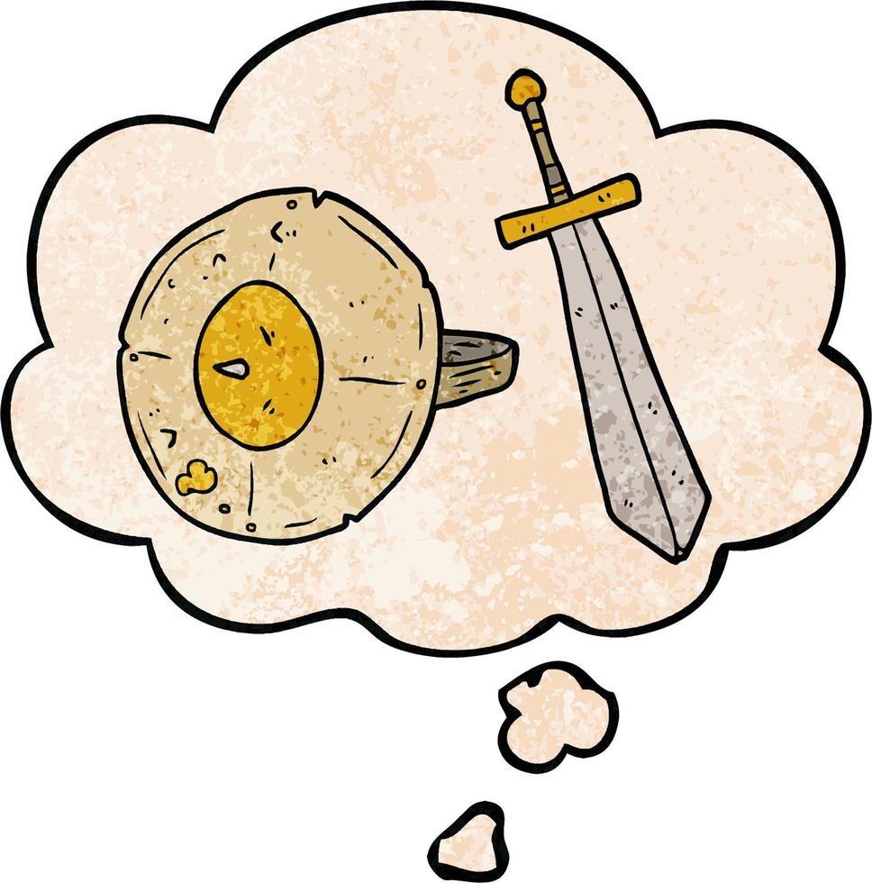 escudo de desenho animado e espada e balão de pensamento no estilo de padrão de textura grunge vetor