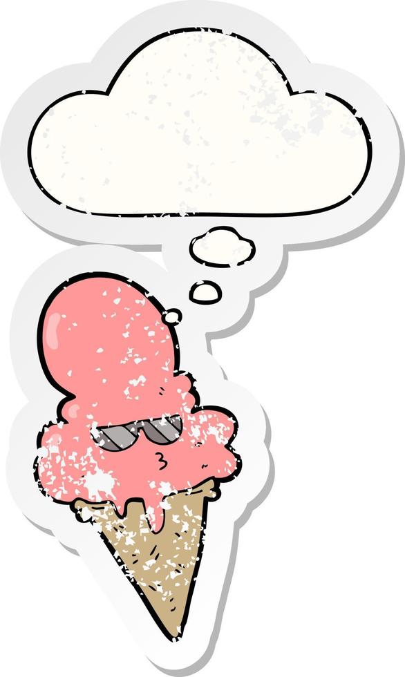 desenho animado sorvete legal e bolha de pensamento como um adesivo desgastado vetor