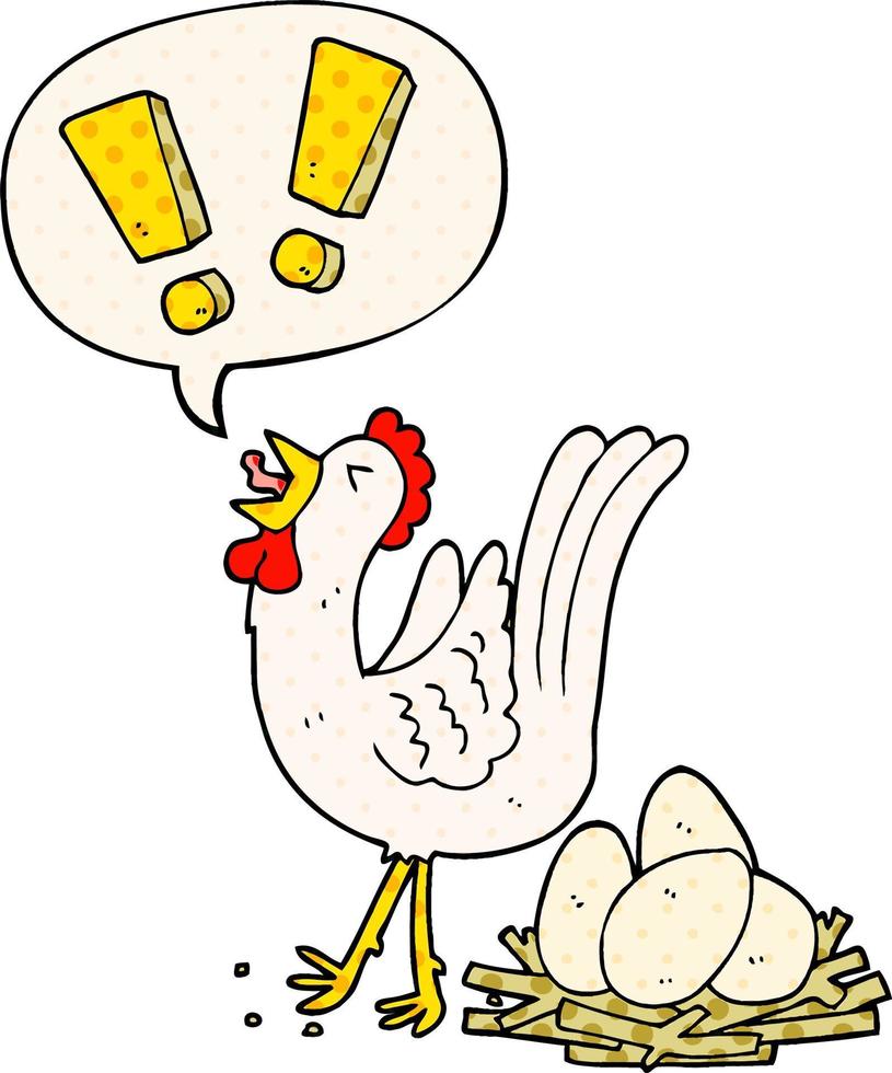 galinha dos desenhos animados pondo ovo e bolha de fala no estilo de quadrinhos vetor