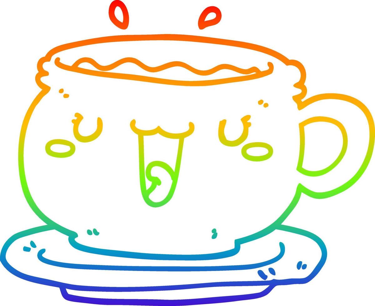 linha de gradiente de arco-íris desenhando xícara e pires de desenho animado fofo vetor