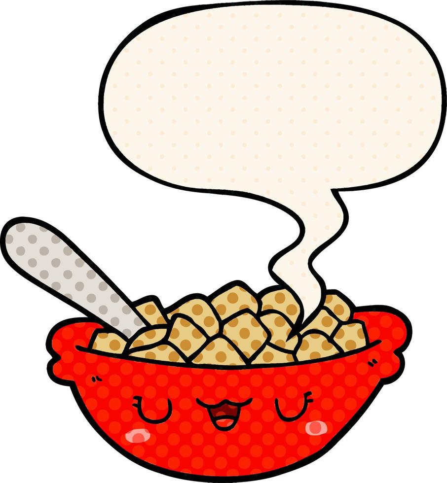 tigela de desenho animado bonito de cereal e bolha de fala no estilo de quadrinhos vetor