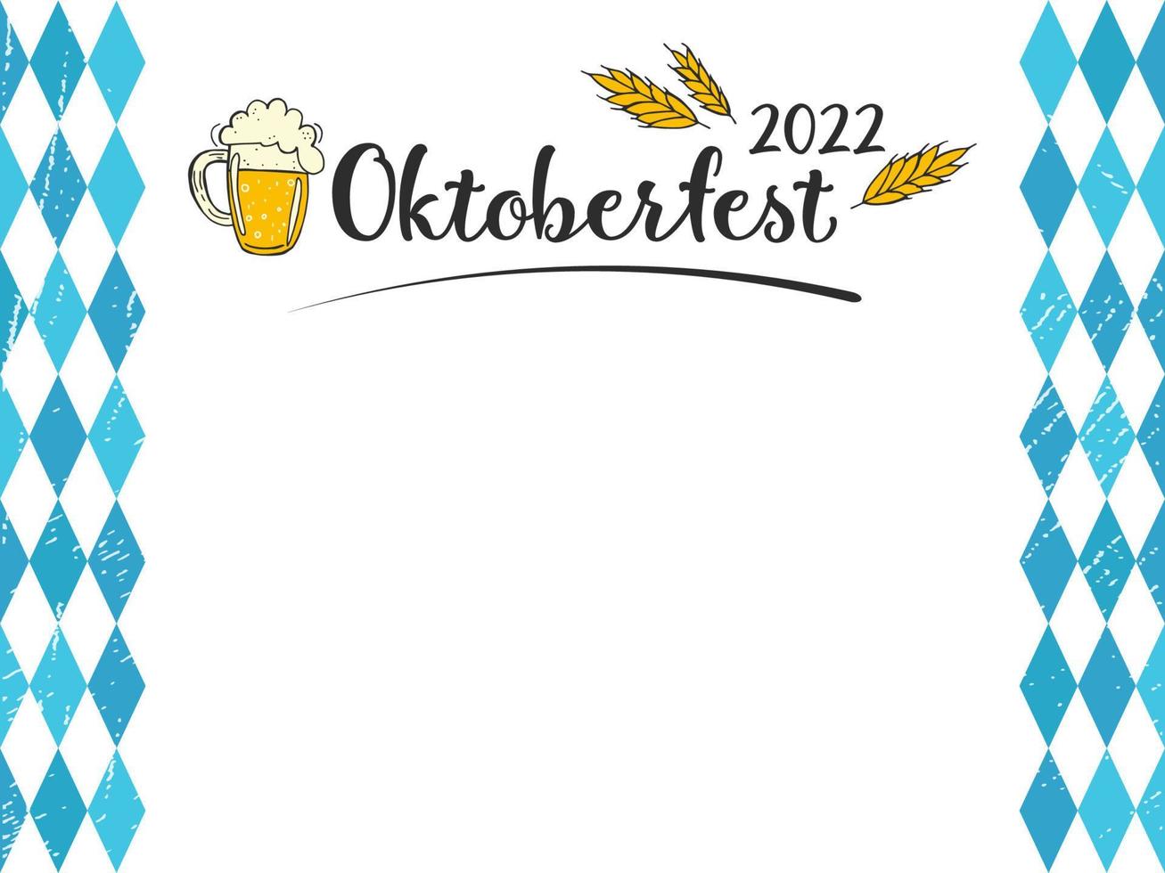 oktoberfest 2022 - festival da cerveja. elementos de doodle desenhados à mão. letras pretas com uma caneca de cerveja e espigas de trigo com listras verticais de diamantes azuis com textura em um fundo branco. vetor