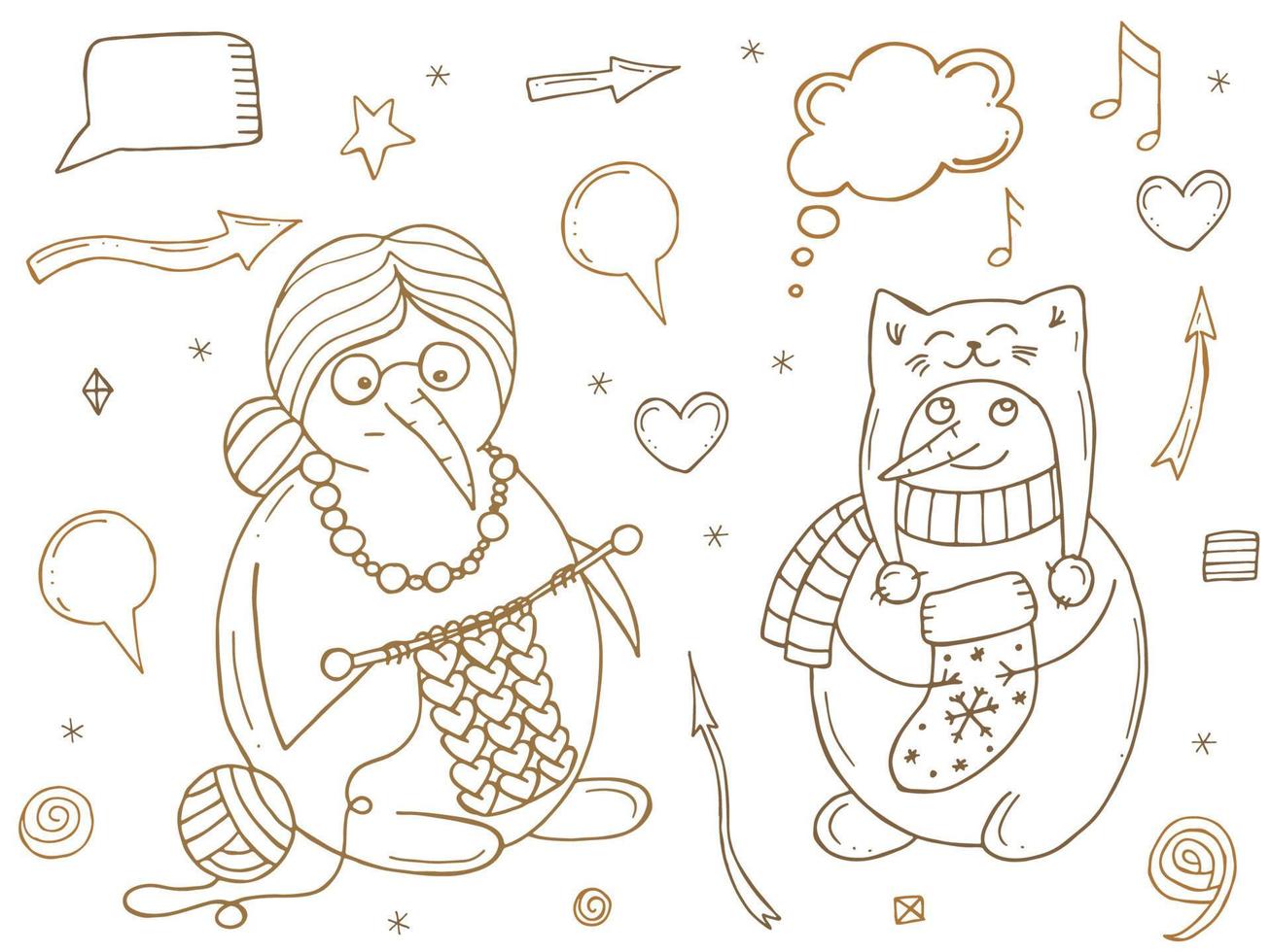 conjunto de bonecos de neve bonitos em um fundo branco. ilustração vetorial em estilo doodle. clima de inverno. olá 2023. feliz natal e feliz ano novo. vetor