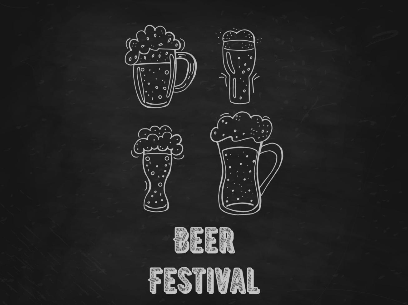 oktoberfest 2022 - festival da cerveja. conjunto desenhado à mão de elementos de doodle. feriado tradicional alemão. canecas de cerveja de vidro com letras em um quadro de giz preto. vetor