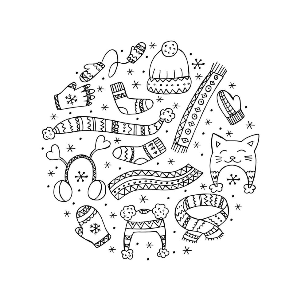 um conjunto de roupas de inverno desenhadas à mão. ilustração vetorial em estilo doodle. clima de inverno. olá 2023. feliz natal e feliz ano novo. elementos pretos em forma de círculo em um fundo branco. vetor