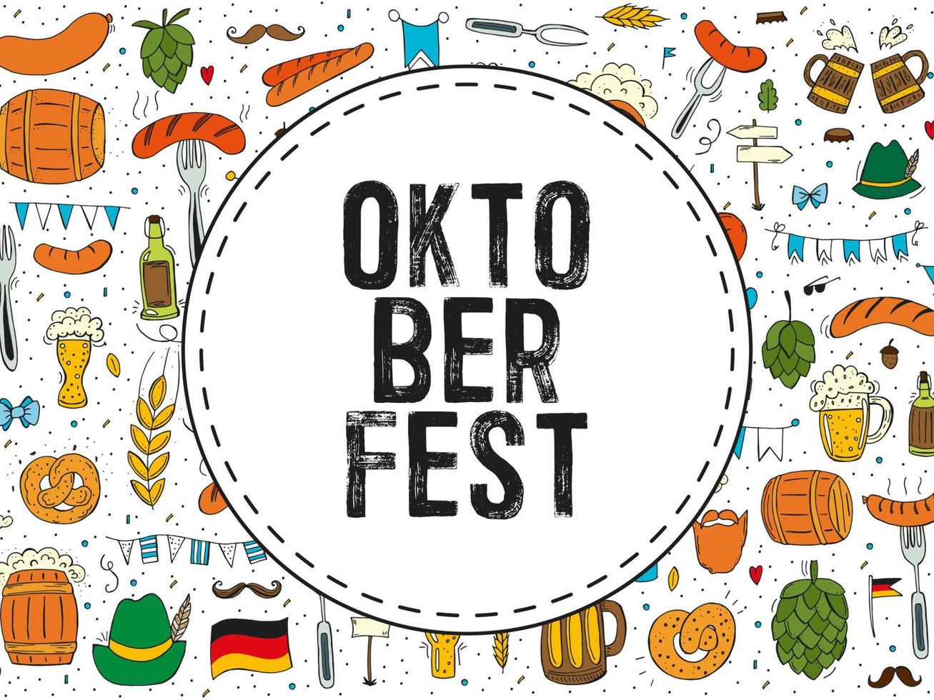 oktoberfest 2022 - festival da cerveja. elementos de doodle desenhados à mão. feriado tradicional alemão. emblema redondo com texto no fundo de um padrão de elementos coloridos. vetor