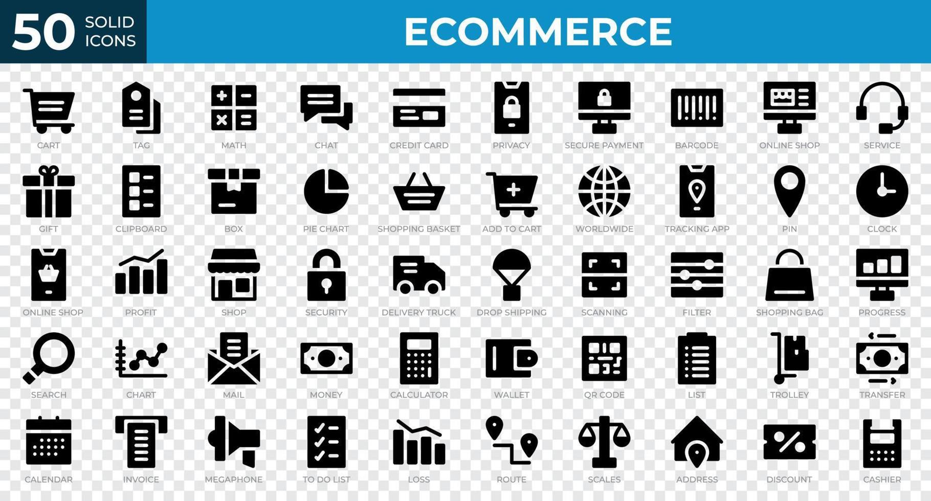 conjunto de 50 ícones da web de comércio eletrônico em estilo sólido. cartão de crédito, carrinho, fatura. coleção de ícones sólidos. ilustração vetorial vetor