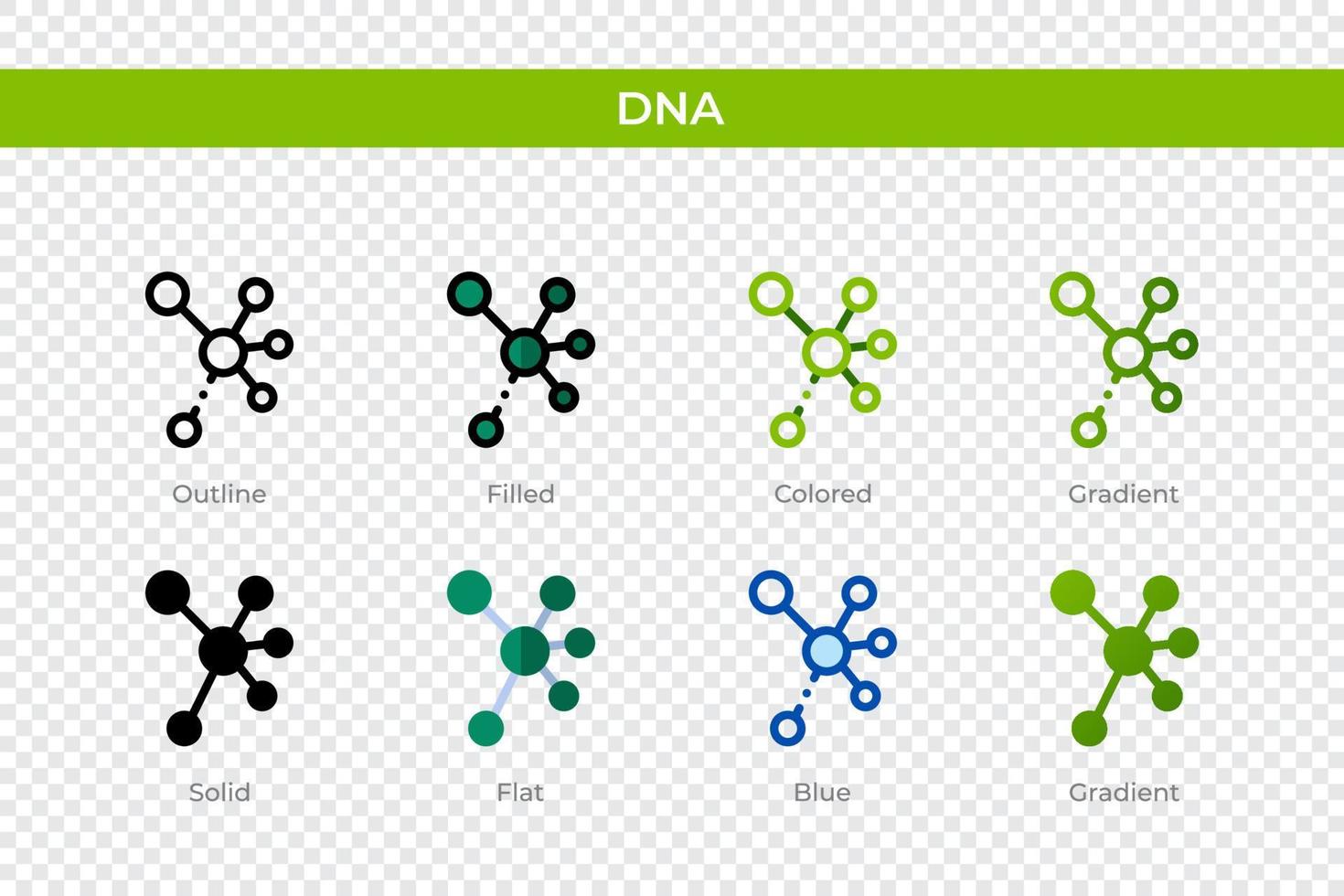 ícone de DNA em estilo diferente. ícones de vetor de dna projetados em estilo de contorno, sólido, colorido, preenchido, gradiente e plano. símbolo, ilustração do logotipo. ilustração vetorial
